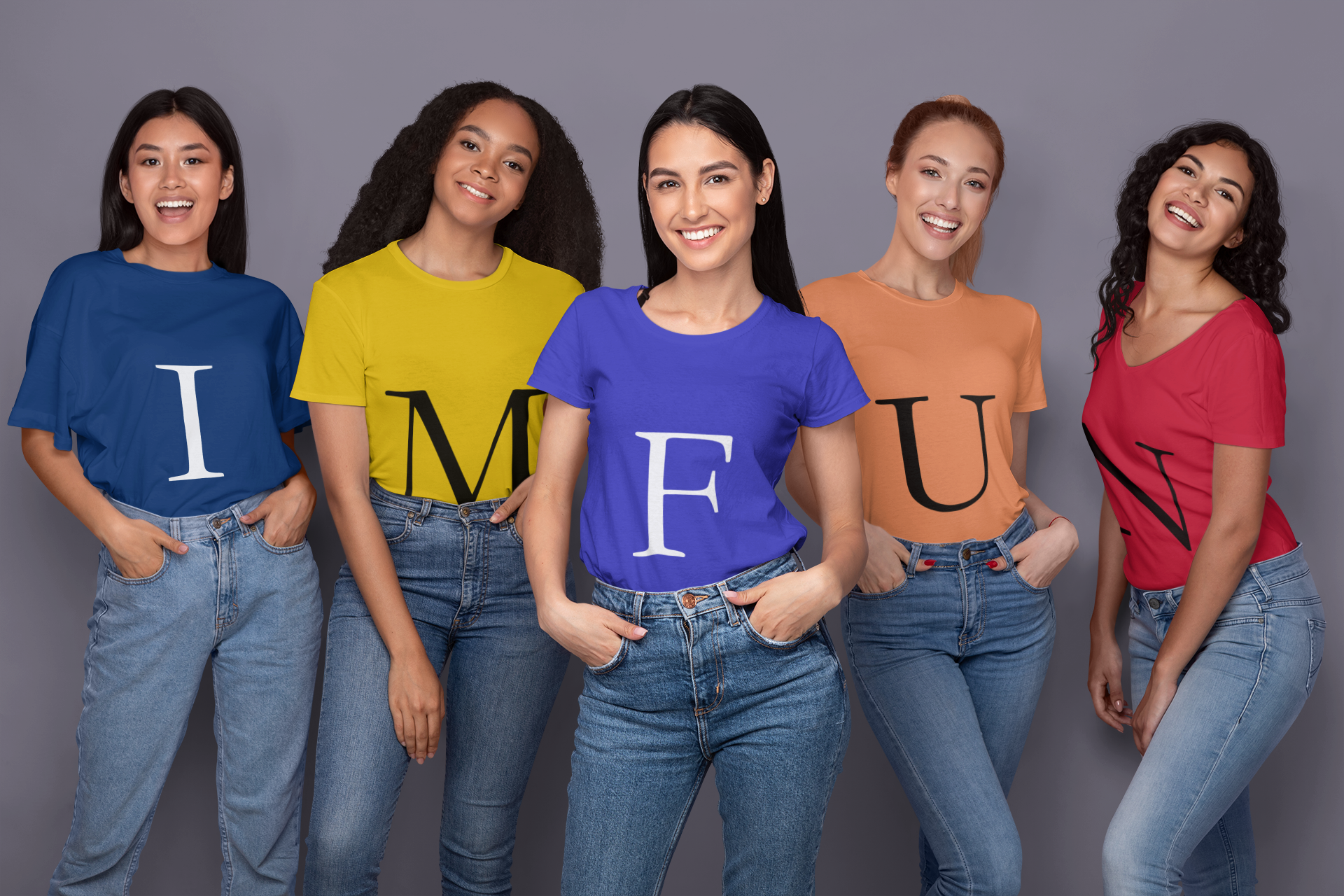 TYPOGRAZE Group T-Shirt Picture with Women wearing colourfull t-shirts with printed letters on them